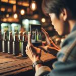 DALL·E 2023-12-25 09.49.16 - A person of Asian descent is taking a photo of a beer bottle with a smartphone. The scene is set in a cozy bar environment with dim lighting, creating.png